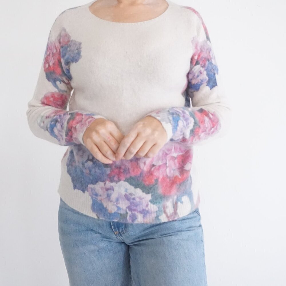 Bianco & Blu Watercolor Cream Pink Floral Mohair Romantic Cottagecore Sweater M - Picture 2 of 10